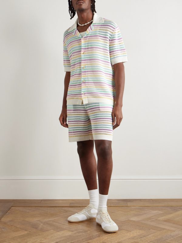 Flower Camp-Collar Striped Crocheted Cotton Shirt - OU Flower Camp-Collar Striped Crocheted Cotton Shirt - OU