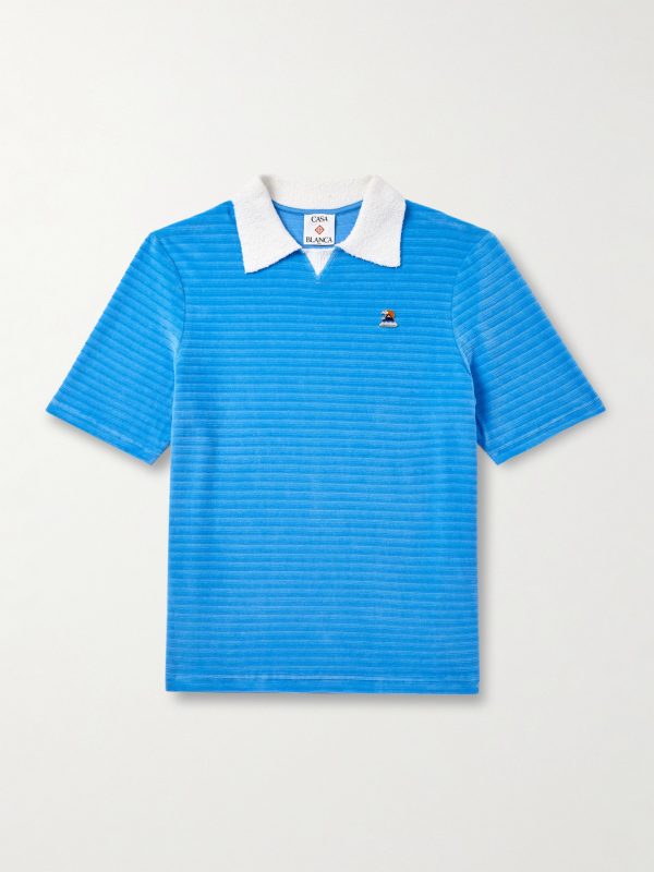 Logo-Appliquéd Bouclé-Trimmed Cotton-Blend Velour Polo Shirt Logo-Appliquéd Bouclé-Trimmed Cotton-Blend Velour Polo Shirt
