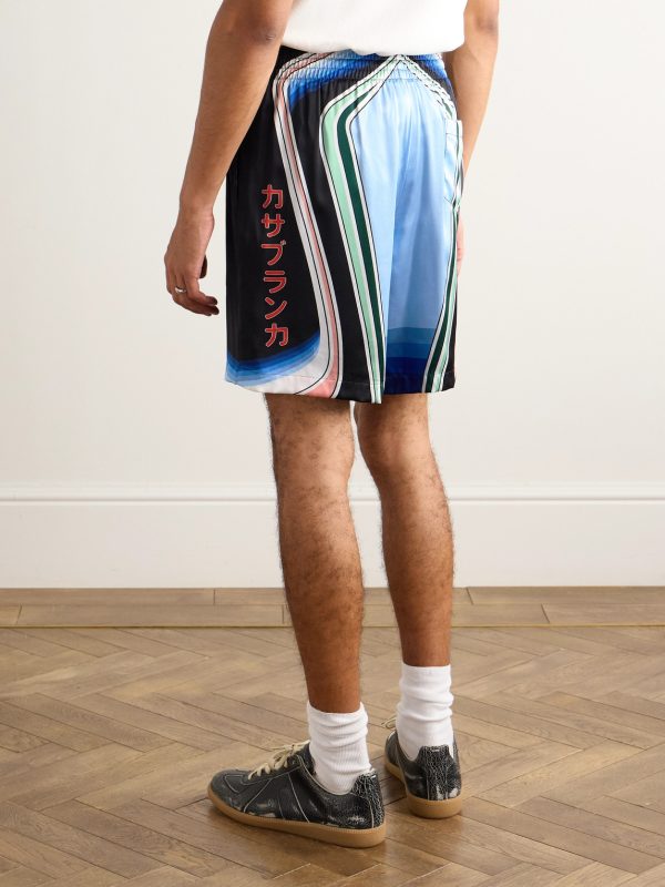 Graphic Mountain Straight-Leg Logo-Print Silk-Twill Drawstring Shorts - BK Graphic Mountain Straight-Leg Logo-Print Silk-Twill Drawstring Shorts - BK