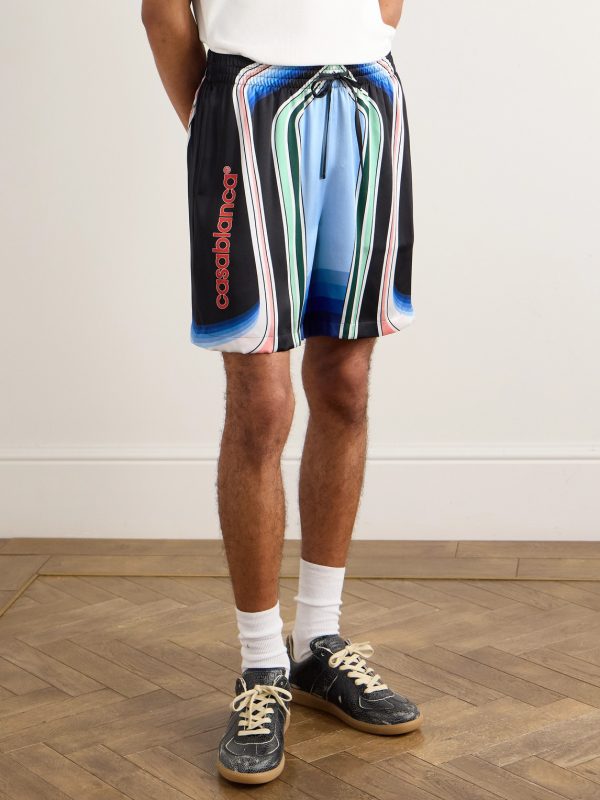 Graphic Mountain Straight-Leg Logo-Print Silk-Twill Drawstring Shorts - FR Graphic Mountain Straight-Leg Logo-Print Silk-Twill Drawstring Shorts - FR