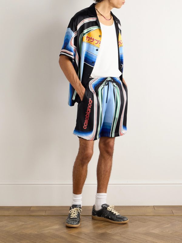 Graphic Mountain Straight-Leg Logo-Print Silk-Twill Drawstring Shorts - OU Graphic Mountain Straight-Leg Logo-Print Silk-Twill Drawstring Shorts - OU