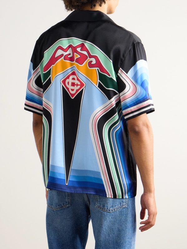 Graphic Mountain Convertible-Collar Logo-Print Silk-Satin Shirt - BK Graphic Mountain Convertible-Collar Logo-Print Silk-Satin Shirt - BK