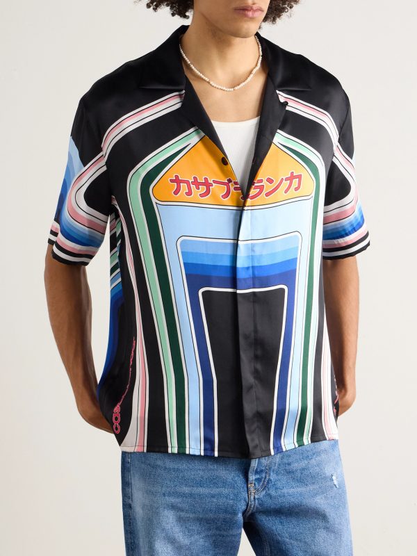 Graphic Mountain Convertible-Collar Logo-Print Silk-Satin Shirt - FR Graphic Mountain Convertible-Collar Logo-Print Silk-Satin Shirt - FR
