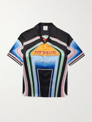 Graphic Mountain Convertible-Collar Logo-Print Silk-Satin Shirt