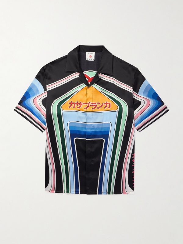 Graphic Mountain Convertible-Collar Logo-Print Silk-Satin Shirt Graphic Mountain Convertible-Collar Logo-Print Silk-Satin Shirt