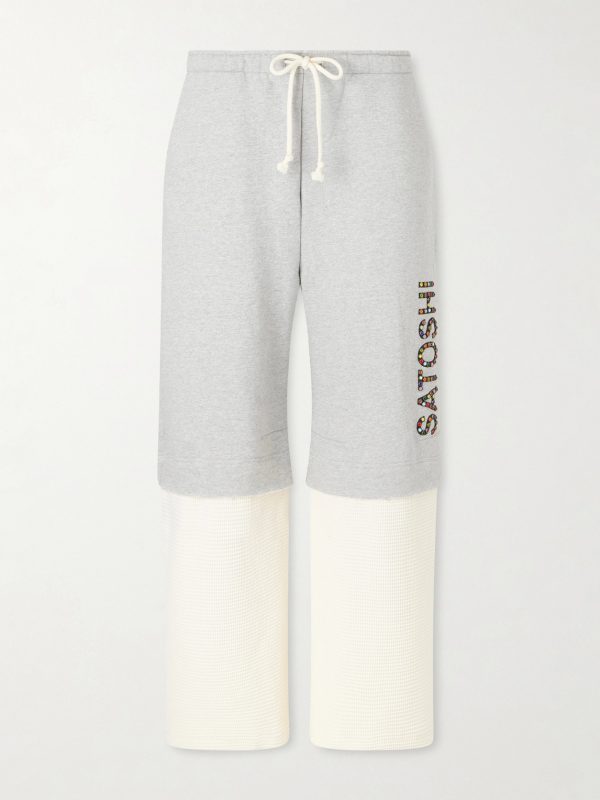 Wide-Leg Logo-Embellished Cotton-Jersey and Waffle-Knit Sweatpants