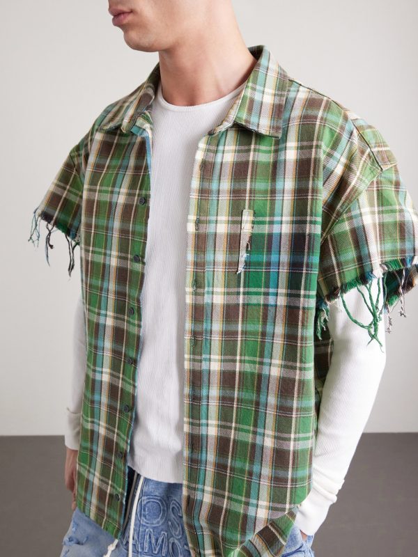 Layered Frayed Checked Cotton-Flannel and Waffle-Knit Shirt - CU Layered Frayed Checked Cotton-Flannel and Waffle-Knit Shirt - CU