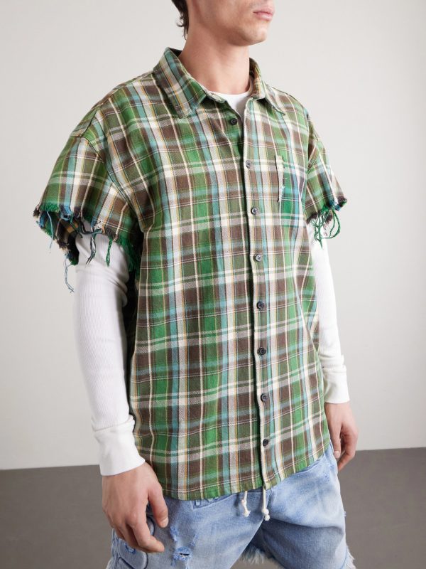 Layered Frayed Checked Cotton-Flannel and Waffle-Knit Shirt - FR Layered Frayed Checked Cotton-Flannel and Waffle-Knit Shirt - FR