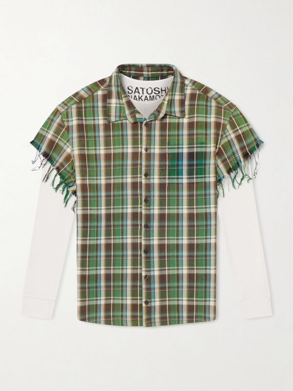 Layered Frayed Checked Cotton-Flannel and Waffle-Knit Shirt Layered Frayed Checked Cotton-Flannel and Waffle-Knit Shirt