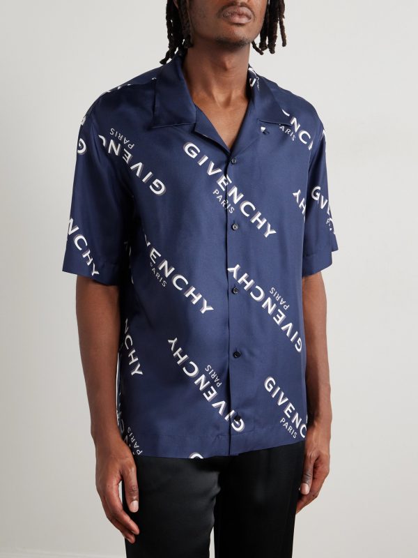 Convertible-Collar Logo-Print Silk-Twill Shirt - FR Convertible-Collar Logo-Print Silk-Twill Shirt - FR