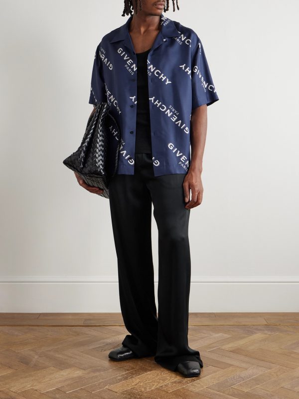 Convertible-Collar Logo-Print Silk-Twill Shirt - OU Convertible-Collar Logo-Print Silk-Twill Shirt - OU