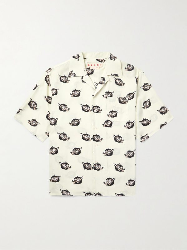 Wolves Convertible-Collar Printed Satin-Twill Shirt