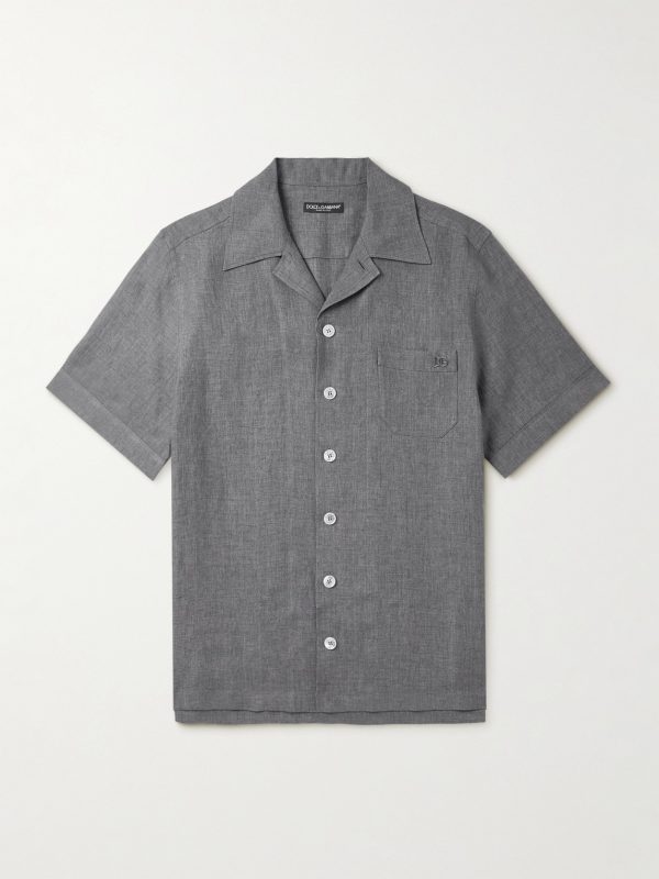 Camp-Collar Logo-Embroidered Linen Shirt Camp-Collar Logo-Embroidered Linen Shirt
