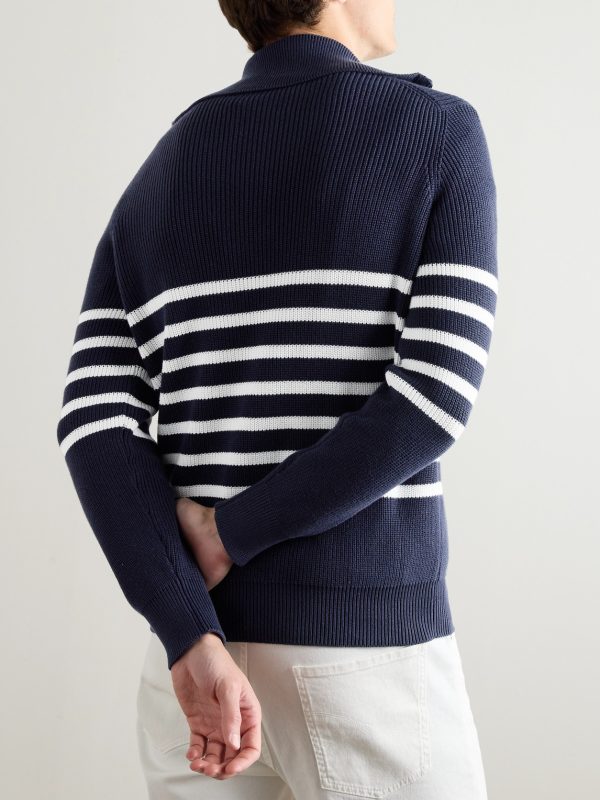 Striped Ribbed Cotton Half-Zip Sweater - BK Striped Ribbed Cotton Half-Zip Sweater - BK