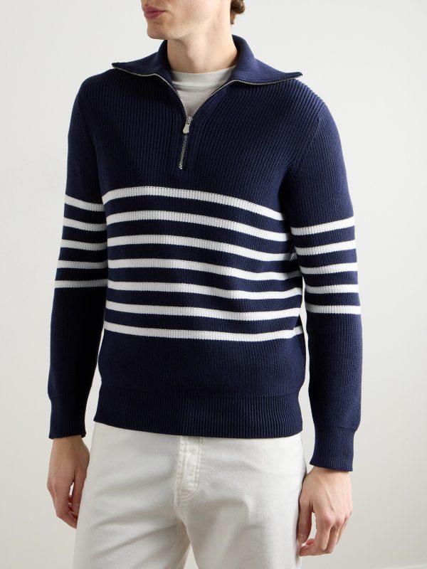 Striped Ribbed Cotton Half-Zip Sweater - FR Striped Ribbed Cotton Half-Zip Sweater - FR