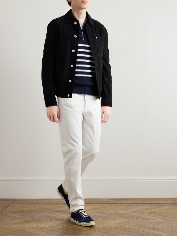 Striped Ribbed Cotton Half-Zip Sweater - OU Striped Ribbed Cotton Half-Zip Sweater - OU