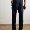 Tapered Pleated Pinstriped Wool and Cotton-Blend Trousers - BK Tapered Pleated Pinstriped Wool and Cotton-Blend Trousers - BK