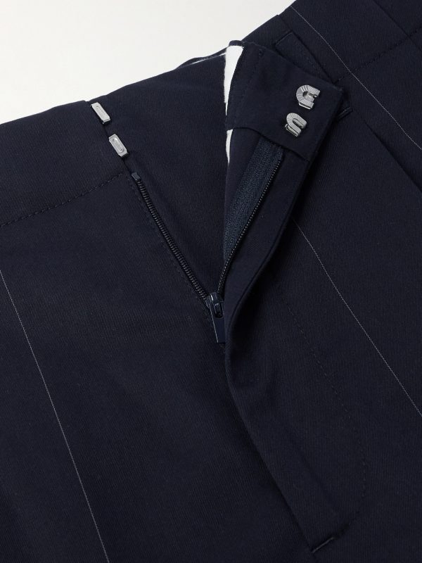 Tapered Pleated Pinstriped Wool and Cotton-Blend Trousers - E1 Tapered Pleated Pinstriped Wool and Cotton-Blend Trousers - E1