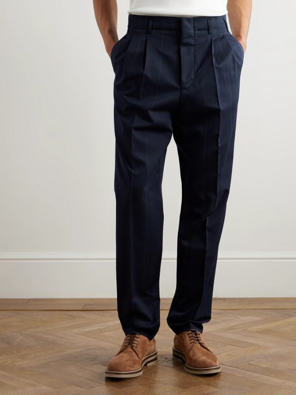 Tapered Pleated Pinstriped Wool and Cotton-Blend Trousers - FR Tapered Pleated Pinstriped Wool and Cotton-Blend Trousers - FR