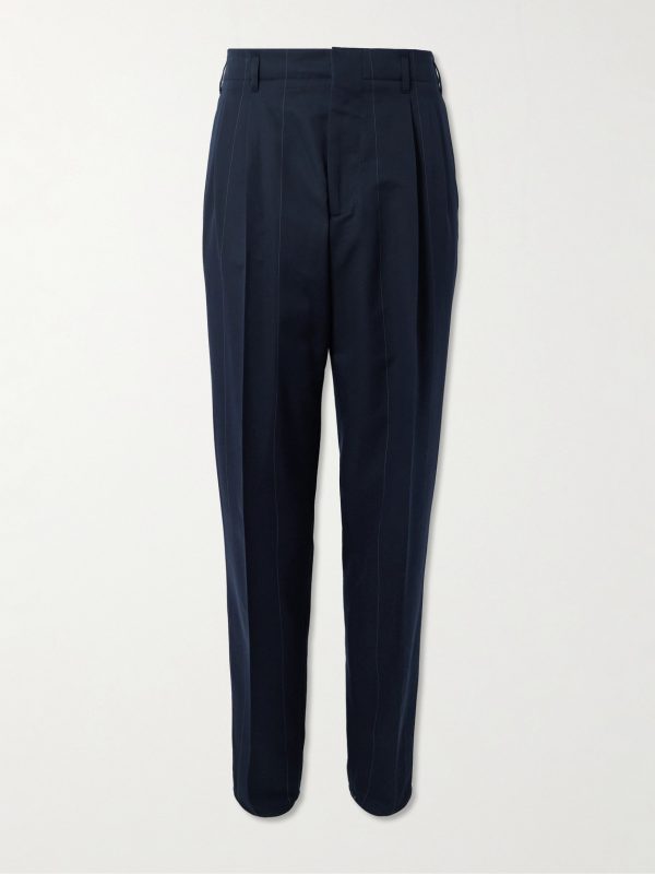 Tapered Pleated Pinstriped Wool and Cotton-Blend Trousers Tapered Pleated Pinstriped Wool and Cotton-Blend Trousers