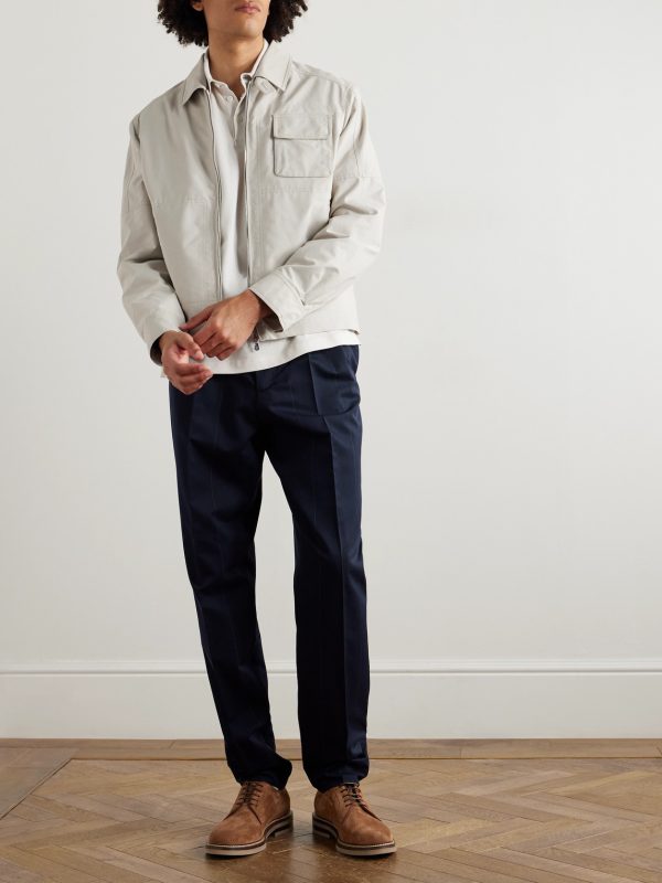 Tapered Pleated Pinstriped Wool and Cotton-Blend Trousers - OU Tapered Pleated Pinstriped Wool and Cotton-Blend Trousers - OU
