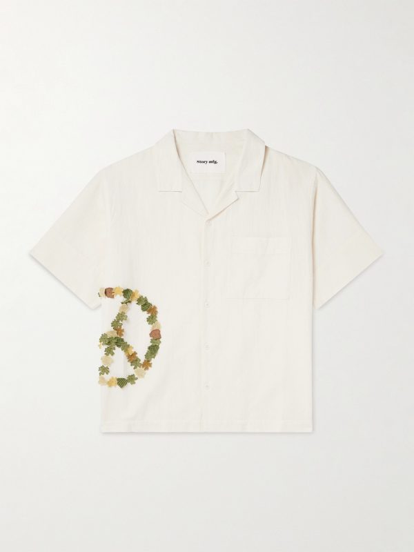Greetings Oversized Camp-Collar Appliquéd Organic Cotton Shirt