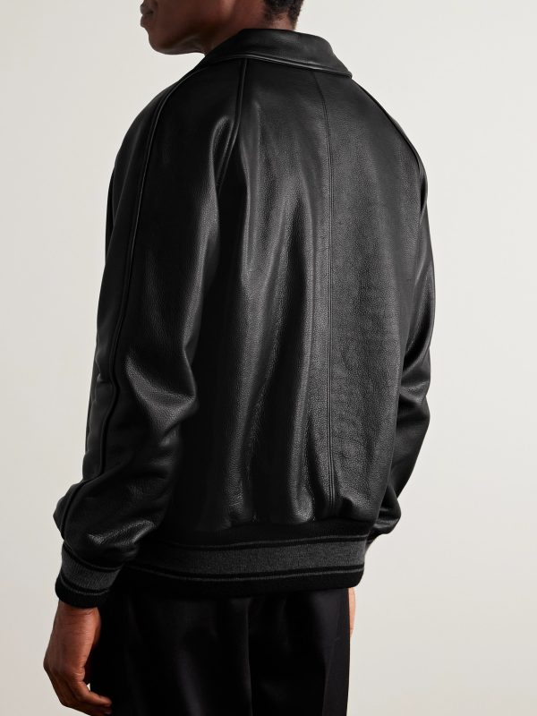 Logo-Appliquéd Full-Grain Leather Varsity Jacket - BK Logo-Appliquéd Full-Grain Leather Varsity Jacket - BK