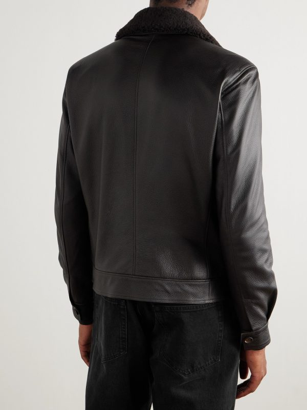 Shearling-Trimmed Leather Bomber Jacket - BK