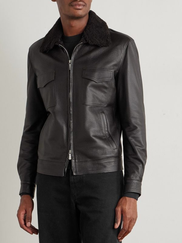 Shearling-Trimmed Leather Bomber Jacket - FR