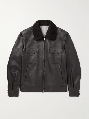 Shearling-Trimmed Leather Bomber Jacket Shearling-Trimmed Leather Bomber Jacket