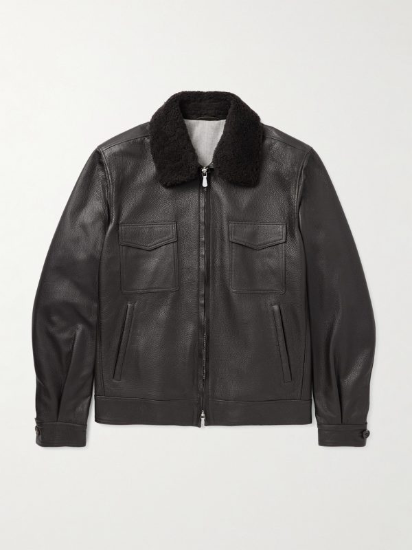 Shearling-Trimmed Leather Bomber Jacket