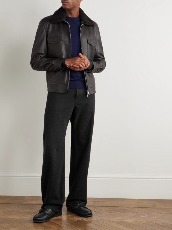 Shearling-Trimmed Leather Bomber Jacket - OU