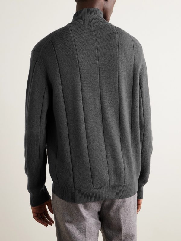 Ribbed Wool Zip-Up Cardigan - BK Ribbed Wool Zip-Up Cardigan - BK