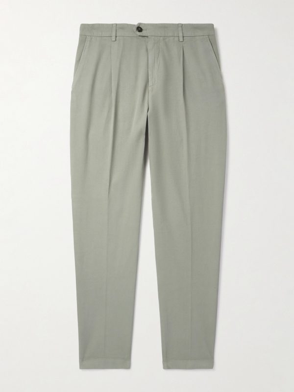 Tapered Pleated Stretch Cotton and Lyocell-Blend Twill Trousers Tapered Pleated Stretch Cotton and Lyocell-Blend Twill Trousers