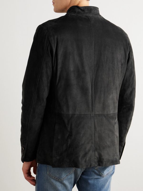 Slim-Fit Nehru-Collar Padded Suede Down Jacket - BK Slim-Fit Nehru-Collar Padded Suede Down Jacket - BK