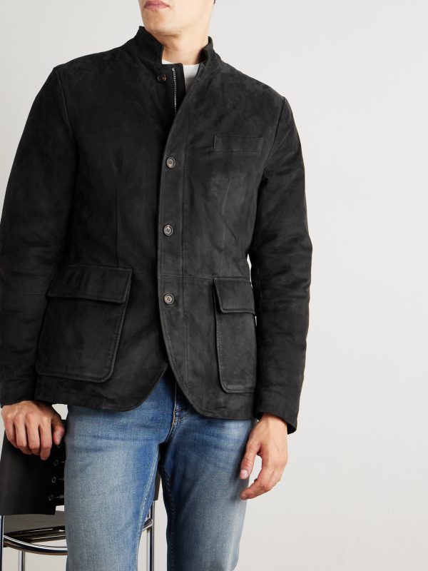 Slim-Fit Nehru-Collar Padded Suede Down Jacket - FR Slim-Fit Nehru-Collar Padded Suede Down Jacket - FR