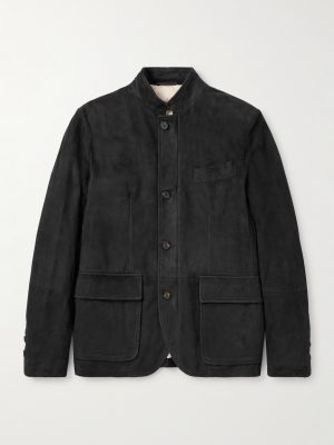 Slim-Fit Nehru-Collar Padded Suede Down Jacket Slim-Fit Nehru-Collar Padded Suede Down Jacket