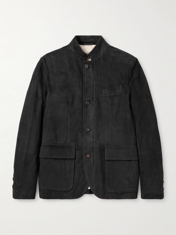 Slim-Fit Nehru-Collar Padded Suede Down Jacket Slim-Fit Nehru-Collar Padded Suede Down Jacket
