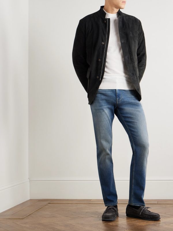 Slim-Fit Nehru-Collar Padded Suede Down Jacket - OU Slim-Fit Nehru-Collar Padded Suede Down Jacket - OU