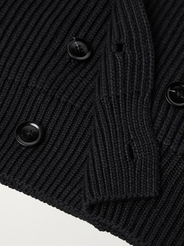 Shawl-Collar Double-Breasted Ribbed Wool and Silk-Blend Cardigan - E1 Shawl-Collar Double-Breasted Ribbed Wool and Silk-Blend Cardigan - E1