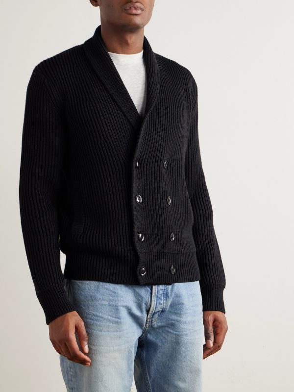 Shawl-Collar Double-Breasted Ribbed Wool and Silk-Blend Cardigan - FR Shawl-Collar Double-Breasted Ribbed Wool and Silk-Blend Cardigan - FR