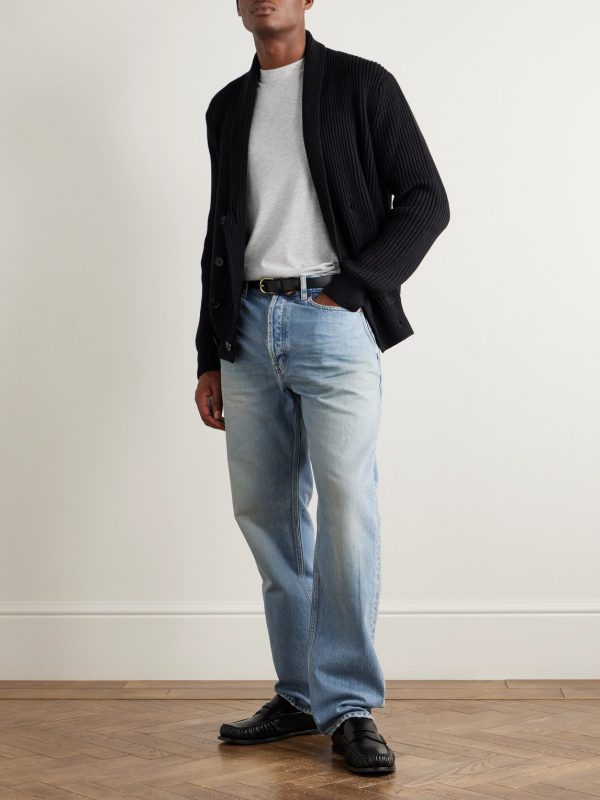 Shawl-Collar Double-Breasted Ribbed Wool and Silk-Blend Cardigan - OU Shawl-Collar Double-Breasted Ribbed Wool and Silk-Blend Cardigan - OU