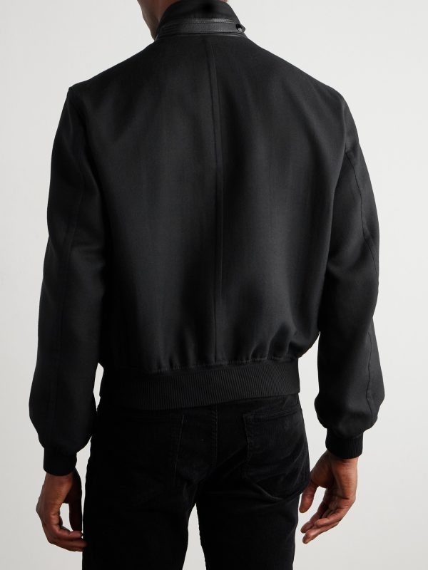 Leather-Trimmed Wool and Silk-Blend Twill Bomber Jacket - BK Leather-Trimmed Wool and Silk-Blend Twill Bomber Jacket - BK