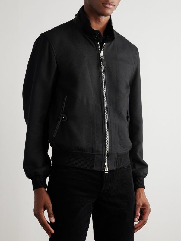 Leather-Trimmed Wool and Silk-Blend Twill Bomber Jacket - FR Leather-Trimmed Wool and Silk-Blend Twill Bomber Jacket - FR