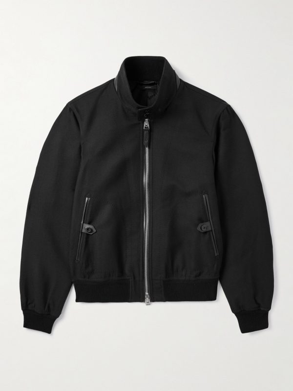 Leather-Trimmed Wool and Silk-Blend Twill Bomber Jacket Leather-Trimmed Wool and Silk-Blend Twill Bomber Jacket