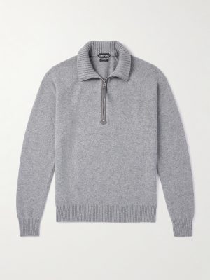 Leather-Trimmed Wool and Cashmere-Blend Half-Zip Rollneck Sweater