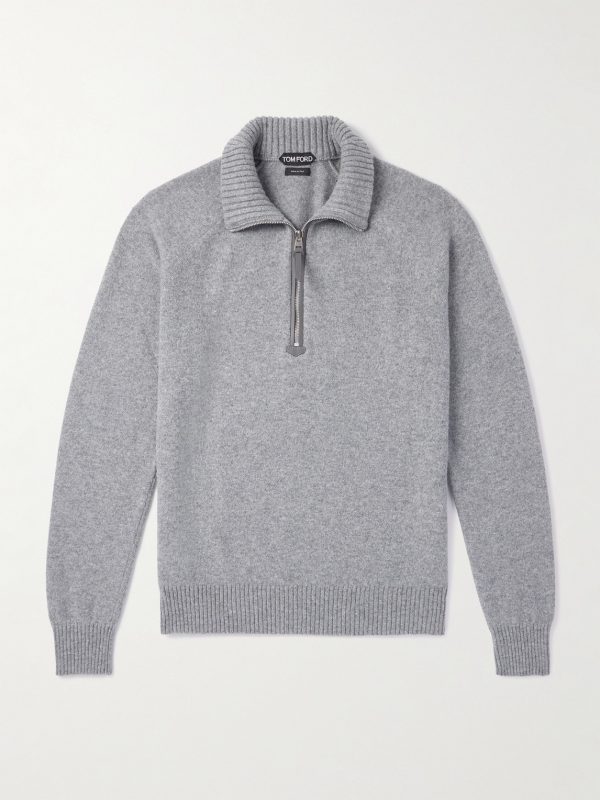 Leather-Trimmed Wool and Cashmere-Blend Half-Zip Rollneck Sweater Leather-Trimmed Wool and Cashmere-Blend Half-Zip Rollneck Sweater