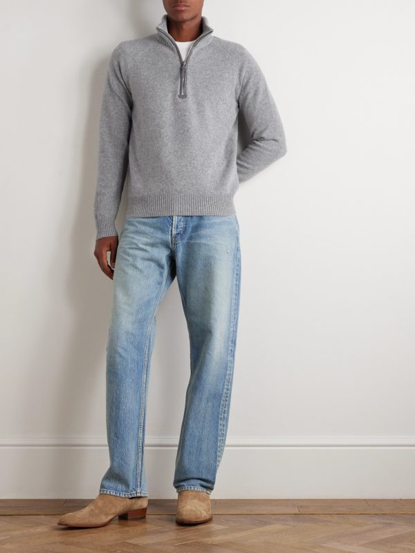 Leather-Trimmed Wool and Cashmere-Blend Half-Zip Rollneck Sweater - OU Leather-Trimmed Wool and Cashmere-Blend Half-Zip Rollneck Sweater - OU