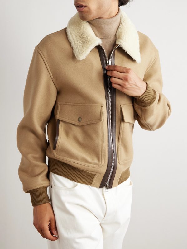 Shearling and Leather-Trimmed Virgin Wool Aviator Jacket - FR Shearling and Leather-Trimmed Virgin Wool Aviator Jacket - FR