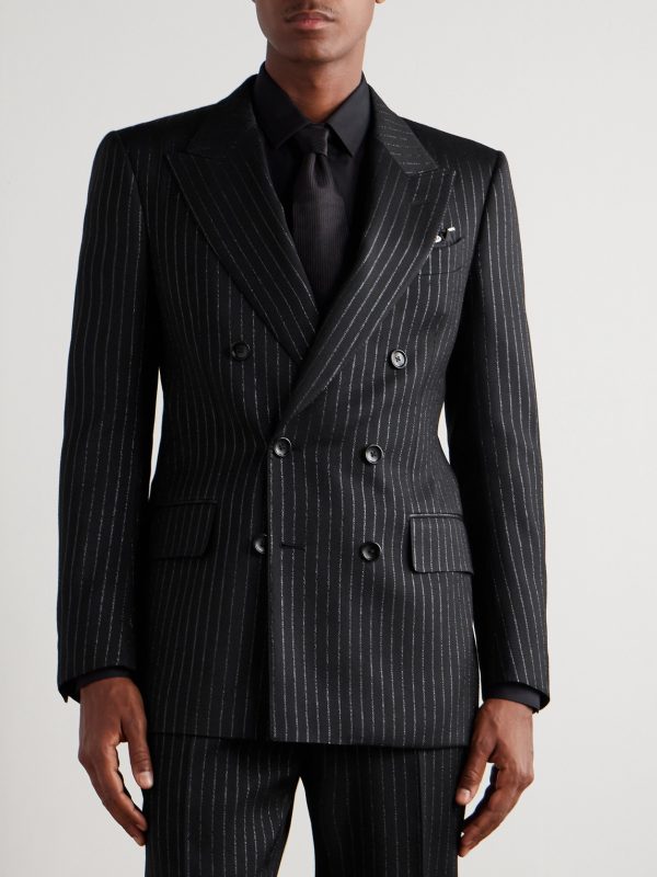 Dyllan Double-Breasted Striped Metallic Wool and Silk-Blend Suit Jacket - FR